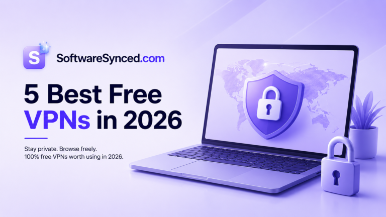image displaying laptop with shield image and lock on it. This indicates protected laptop, next to it is title saying 5 best free vpns in 2026