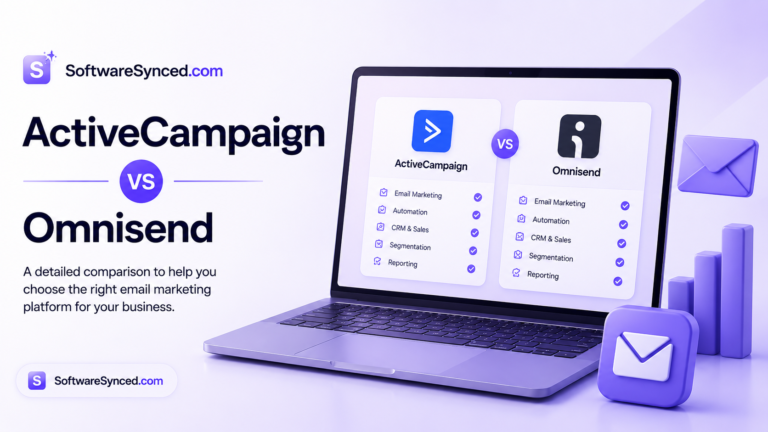 an image of ActiveCampaign logo compared to Omnisend, on a laptop