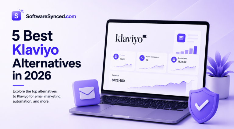 Best Klaviyo Alternatives text shown, and Klaviyo logo on laptop screen