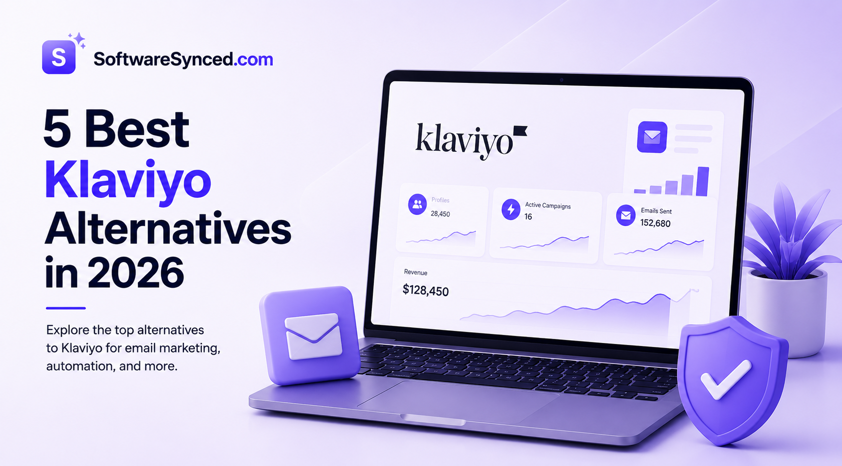 Best Klaviyo Alternatives text shown, and Klaviyo logo on laptop screen