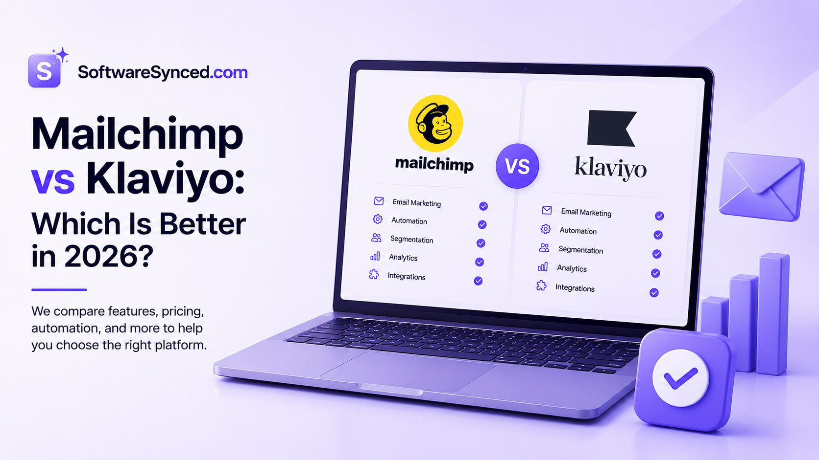 Image shows a comparison between two email marketing platforms Mailchimp and Klaviyo. They are both shown on the laptop screen