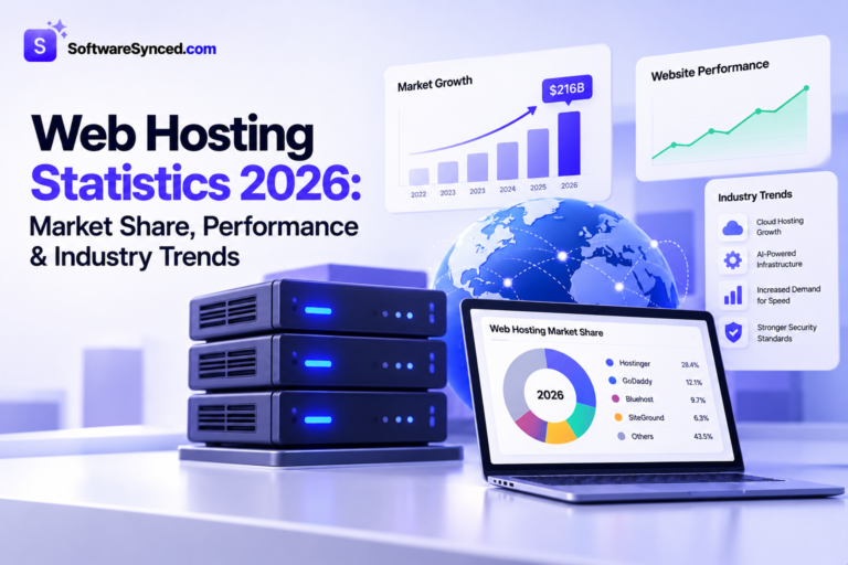 Image of laptop with statistical data and big title saying Web Hosting Statistics 2026