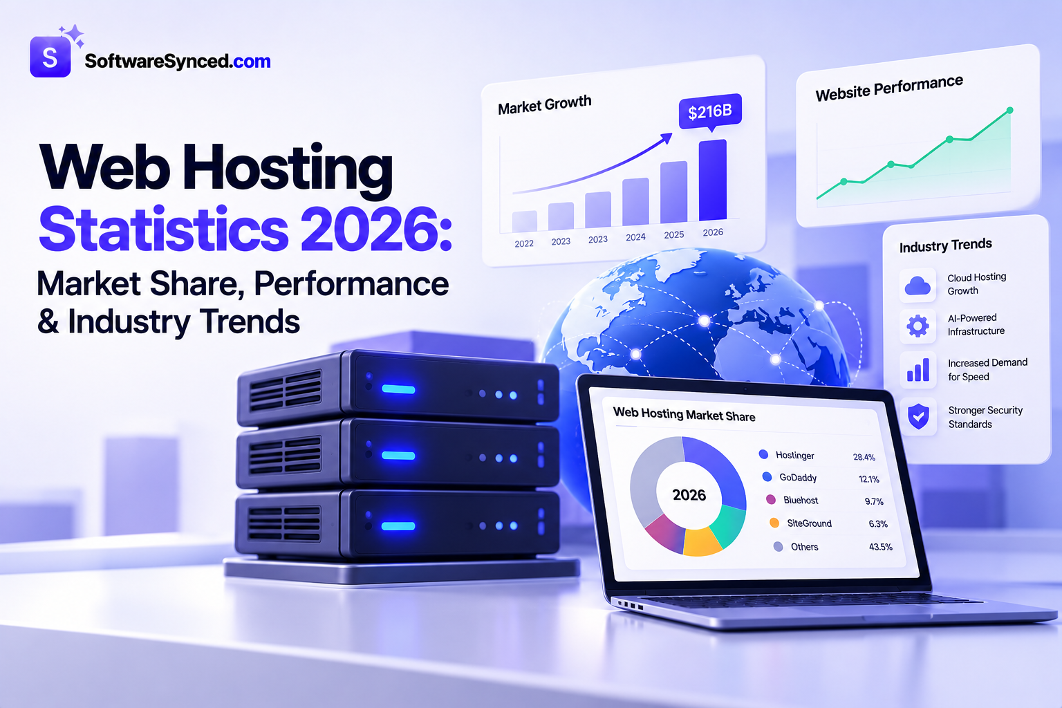 Image of laptop with statistical data and big title saying Web Hosting Statistics 2026